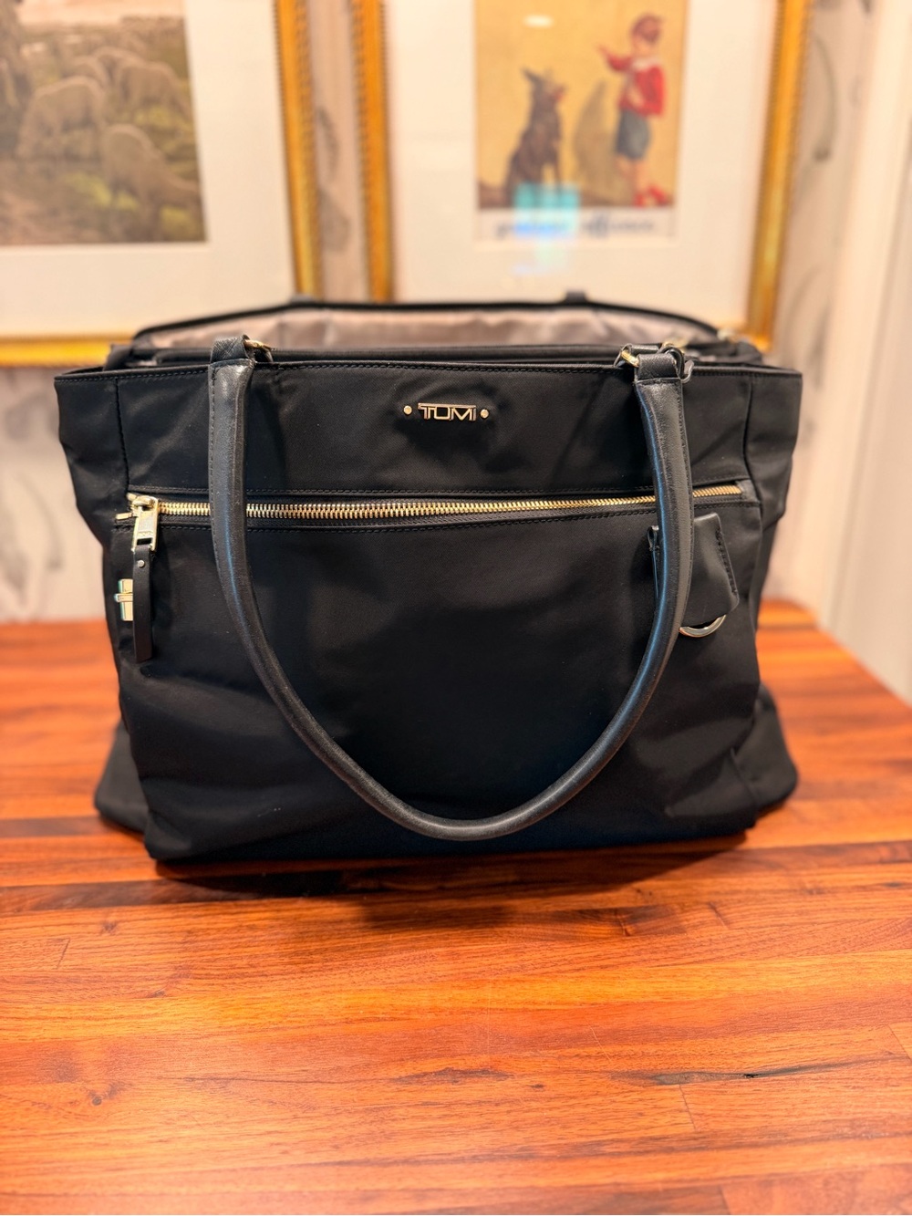 Tumi Black Nylon Tote with Gold Hardware